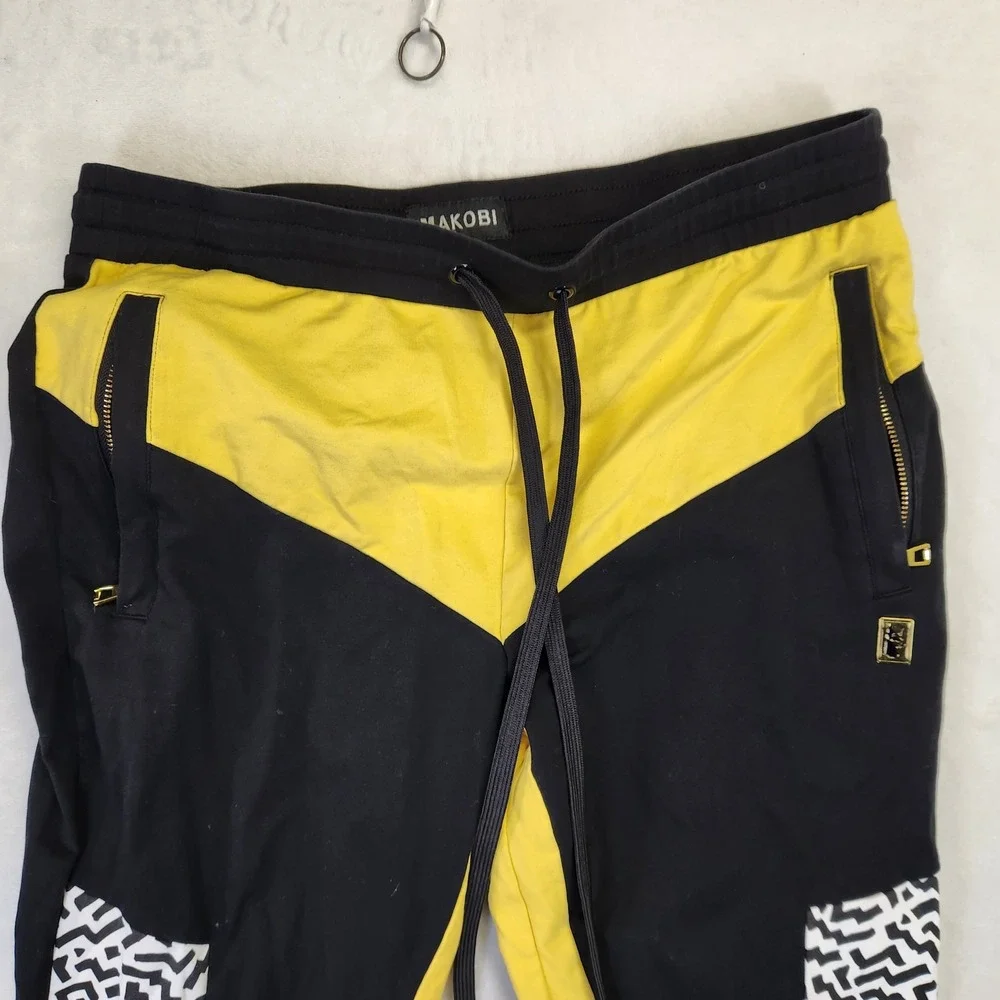 Makobi Mens Colorblock Jogger Pants Black Yellow Geometric M555‎ XL